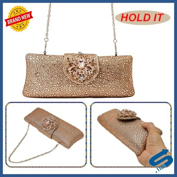 Rhinestone Box Clutch Evening Bag with Detachable Chains Formal Party Purse